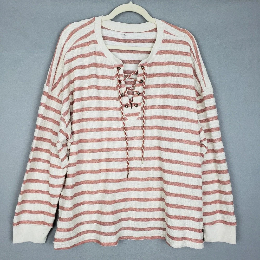 Maurices 3X Lace Up Neck Hanley Pullover Cream Mauve Stripe‎ Spring Fisherman